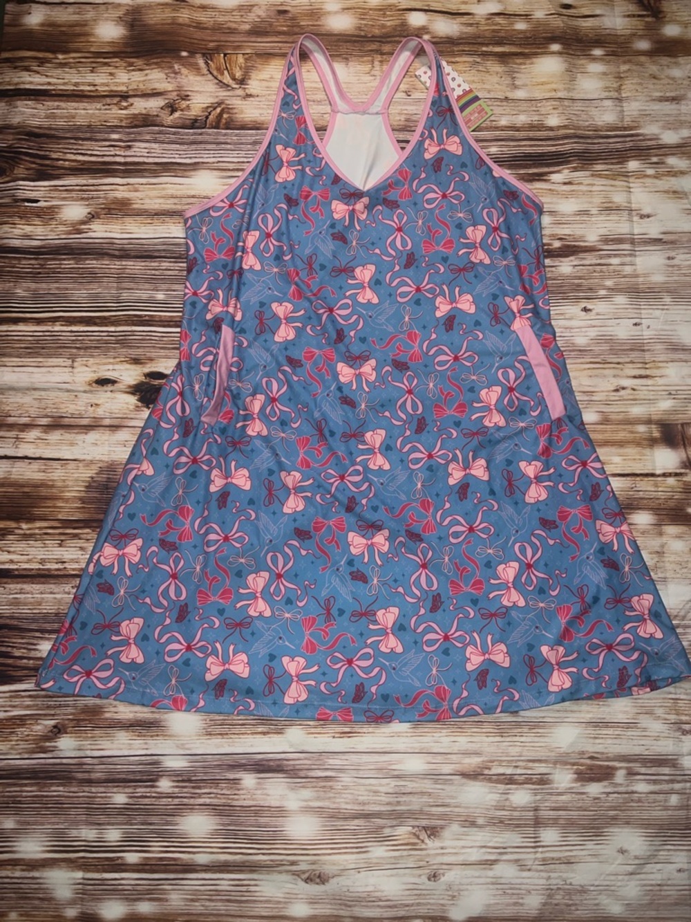 POP Fit Blue Dress with Pink Bow Print Racerback